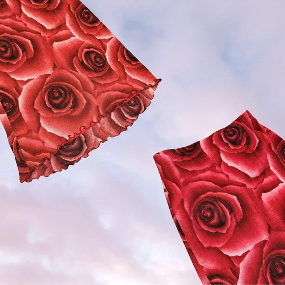 Vtg 90 Y2k Red Black Rose AOP Flower Floral Mod Retro Midi Preppy Hi Low Skirt M - Picture 2 of 4
